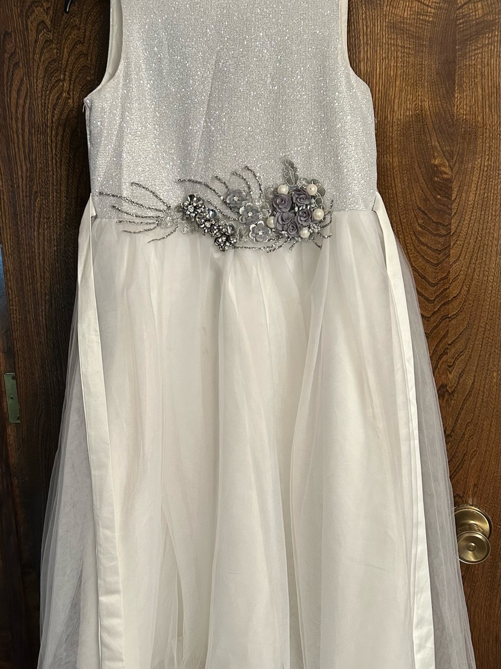 Girls' White & Silver Sparkle Tulle Dress with Floral Accent